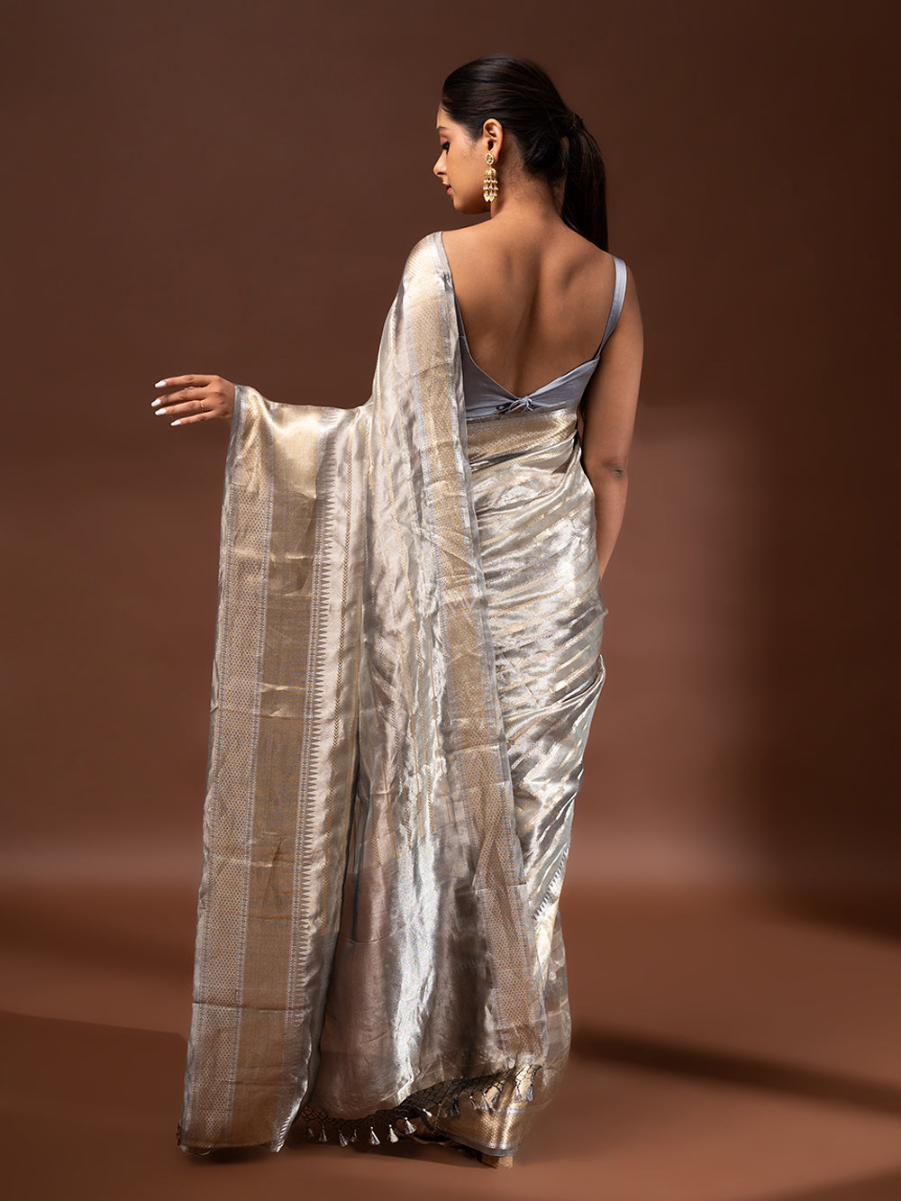 Grey Tissue Rangkat Handloom Banarasi Saree - Sacred Weaves