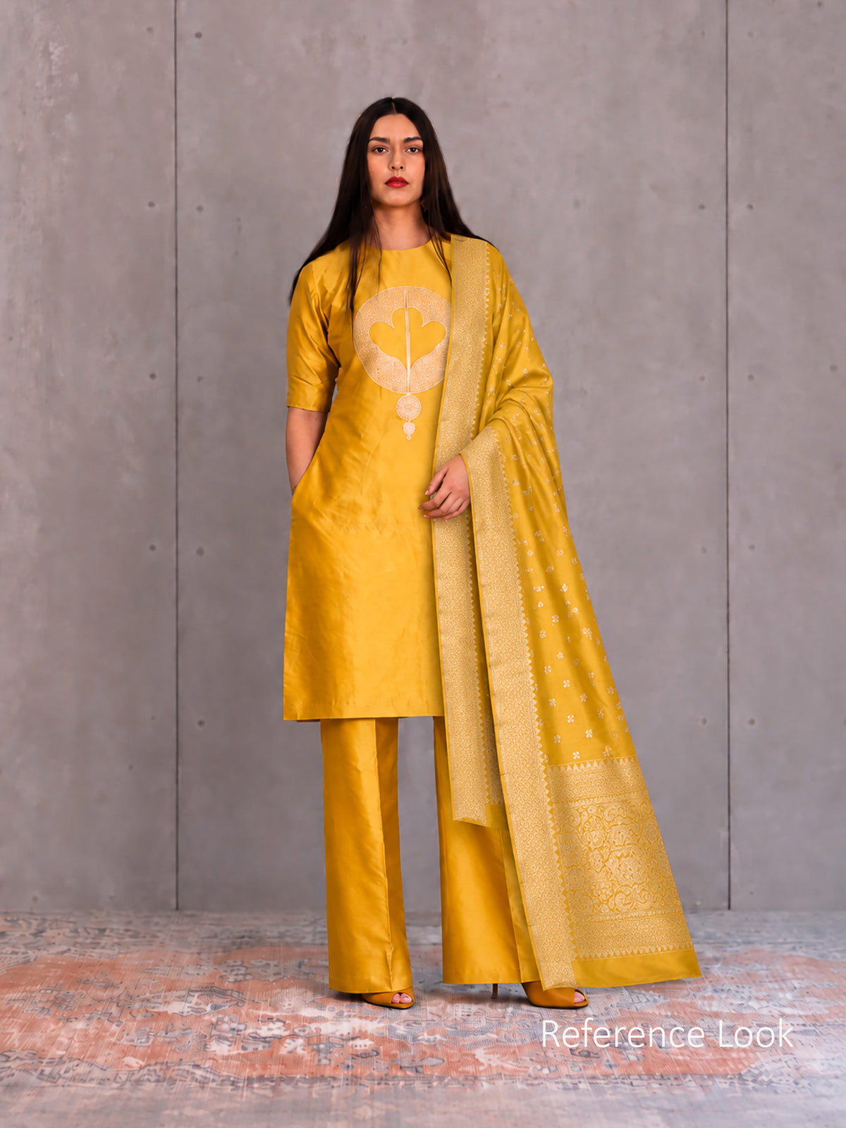 Yellow Floral Booti Katan Silk Handloom Banarasi Suit - Sacred Weaves