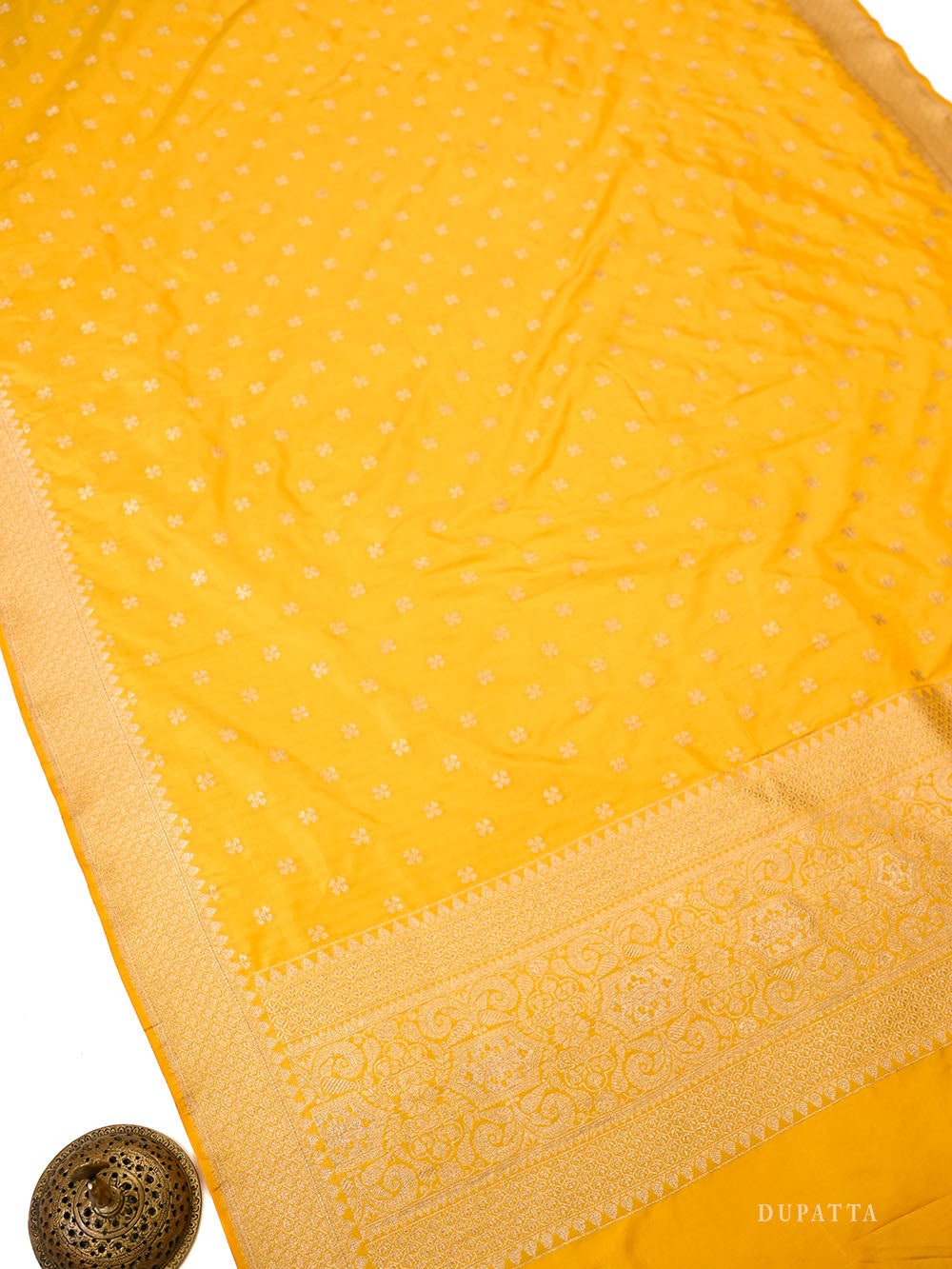 Yellow Floral Booti Katan Silk Handloom Banarasi Suit - Sacred Weaves