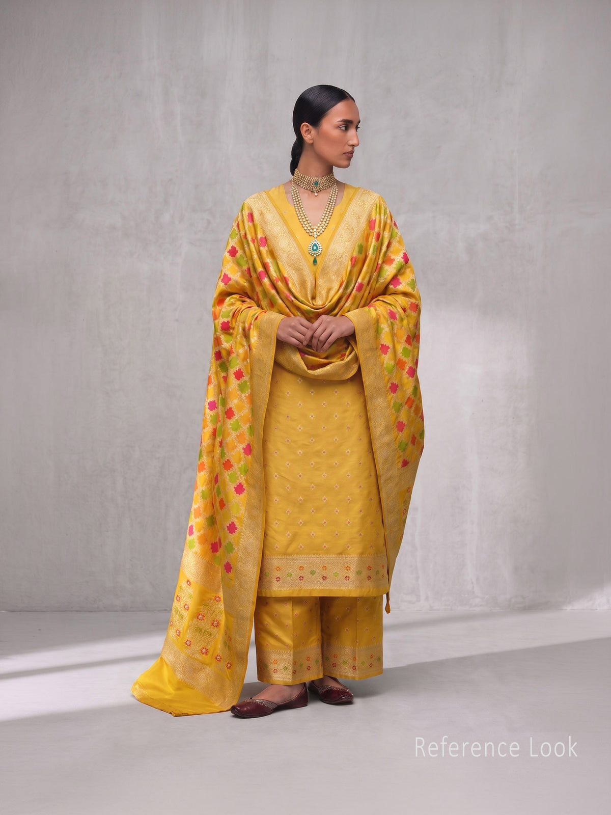 Yellow Meenakari Booti Katan Silk Handloom Banarasi Suit - Sacred Weaves