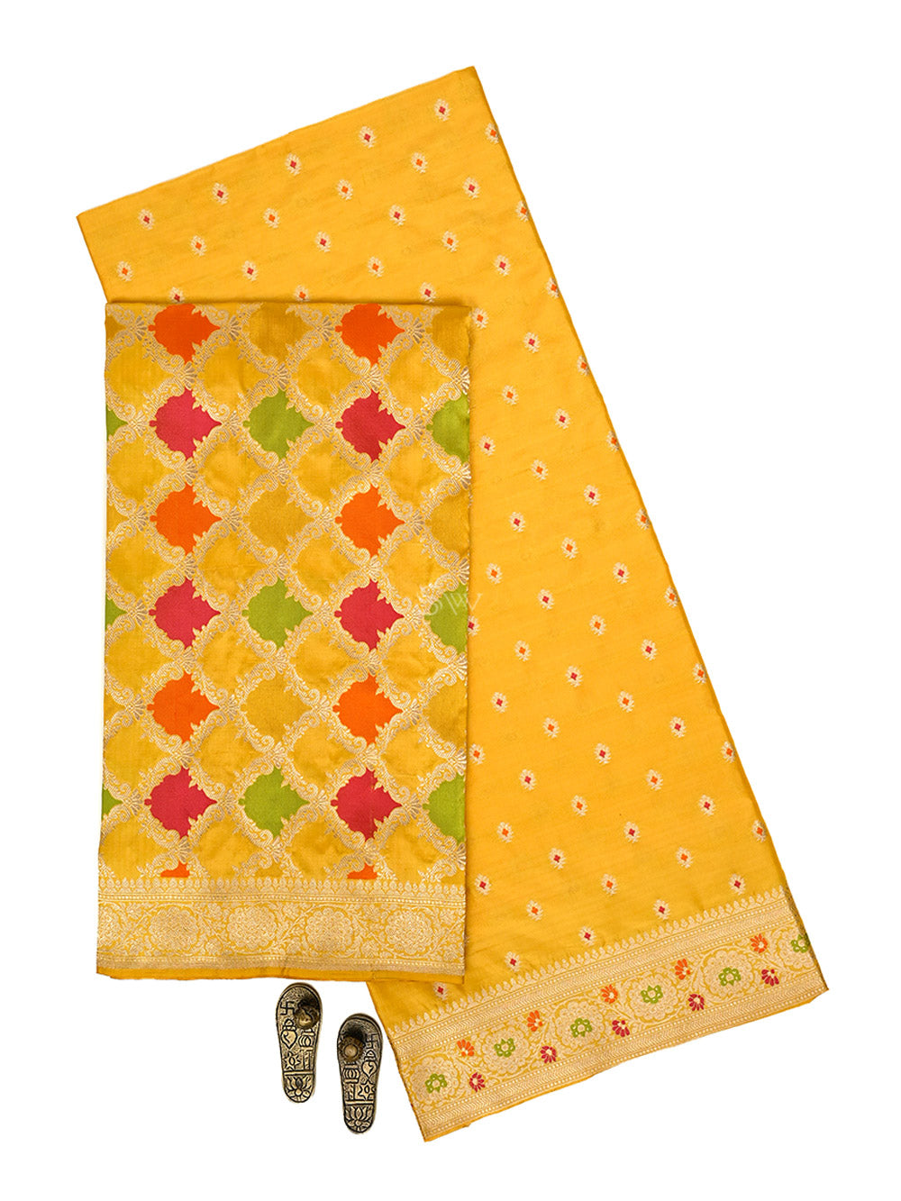 Yellow Meenakari Booti Katan Silk Handloom Banarasi Suit - Sacred Weaves