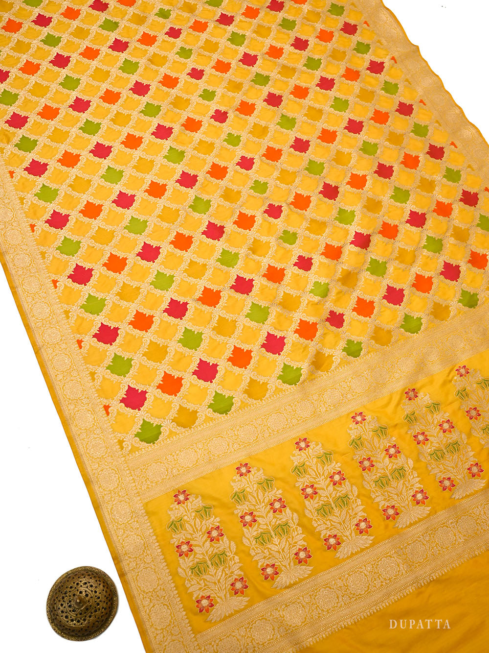 Yellow Meenakari Booti Katan Silk Handloom Banarasi Suit - Sacred Weaves