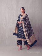 Navy Blue Meenakari Booti Katan Silk Handloom Banarasi Suit - Sacred Weaves