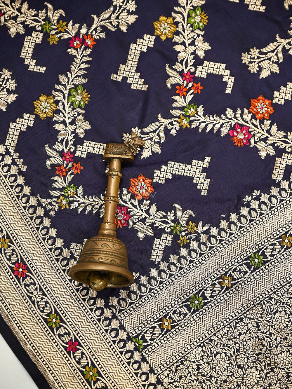 Navy Blue Meenakari Booti Katan Silk Handloom Banarasi Suit - Sacred Weaves