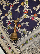 Navy Blue Meenakari Booti Katan Silk Handloom Banarasi Suit - Sacred Weaves