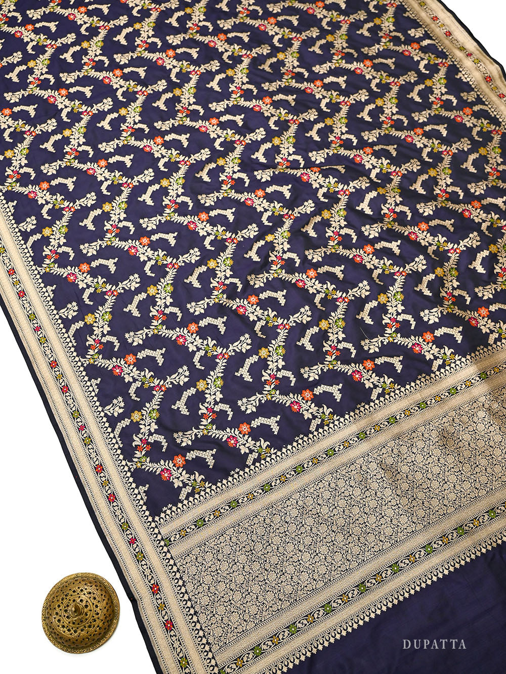 Navy Blue Meenakari Booti Katan Silk Handloom Banarasi Suit - Sacred Weaves