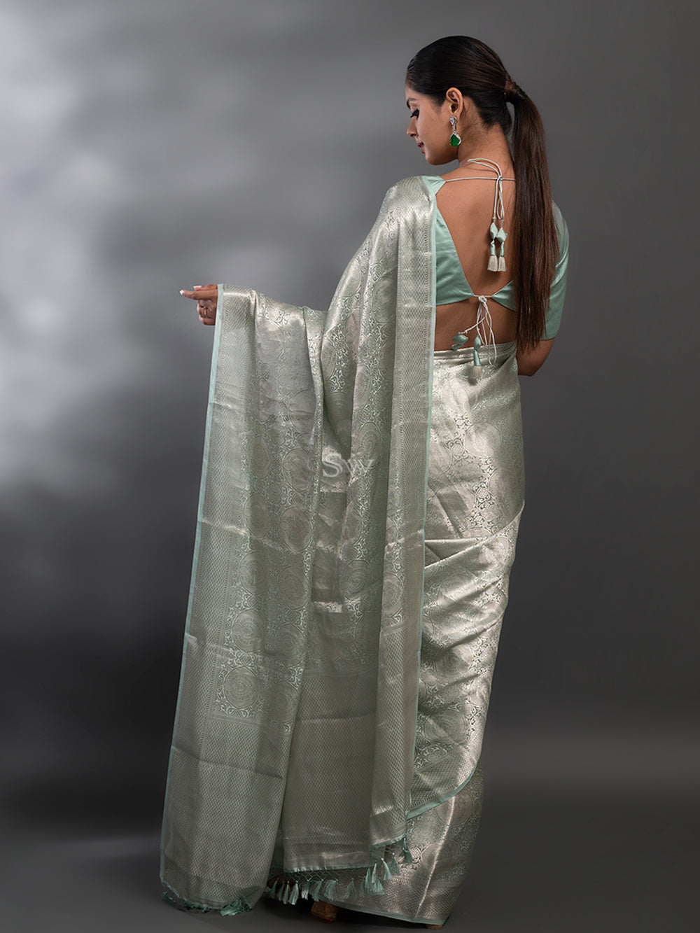 Pastel Aqua Blue Tissue Brocade Handloom Banarasi Saree - Sacred Weaves