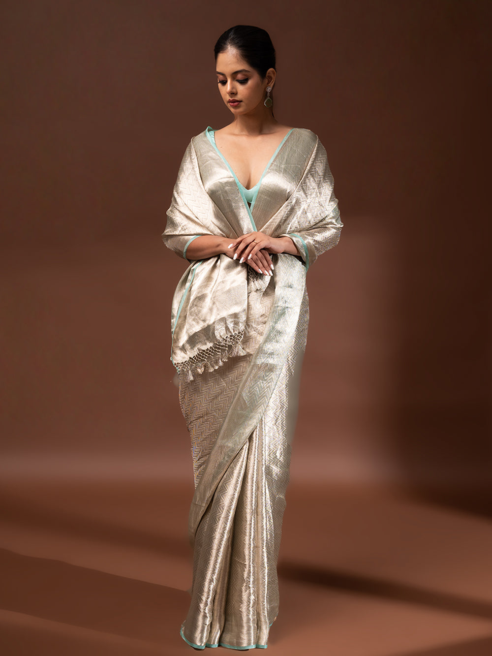 Pastel Aqua Blue Tissue Brocade Handloom Banarasi Saree - Sacred Weaves