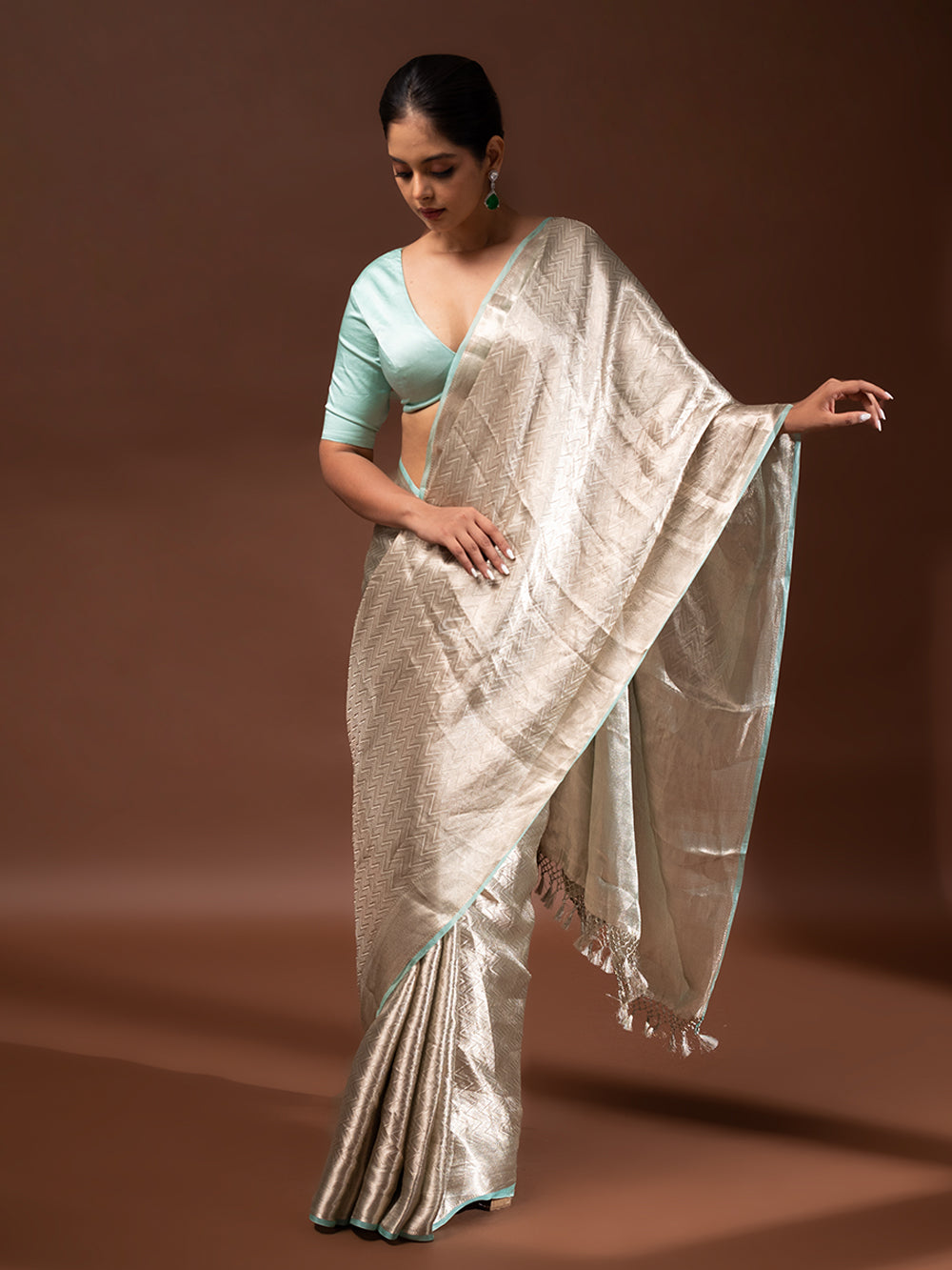 Pastel Aqua Blue Tissue Brocade Handloom Banarasi Saree - Sacred Weaves