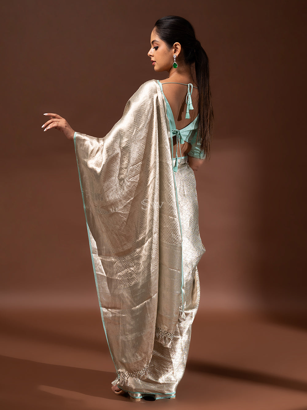Pastel Aqua Blue Tissue Brocade Handloom Banarasi Saree - Sacred Weaves