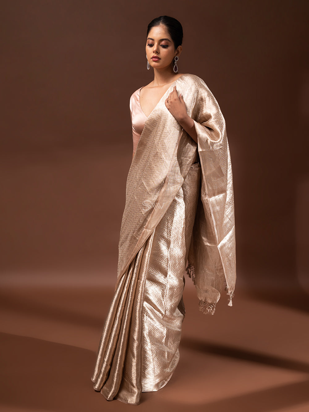 Beige Tissue Brocade Handloom Banarasi Saree - Sacred Weaves