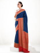Midnight Blue Plain Crepe Silk Handloom Banarasi Saree - Sacred Weaves