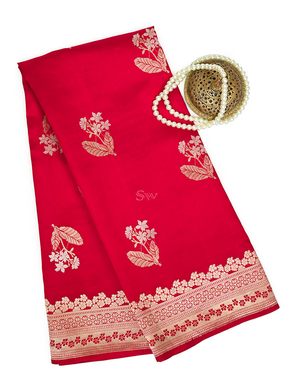 Red Floral Boota Pure Silk Handloom Banarasi Saree - Sacred Weaves