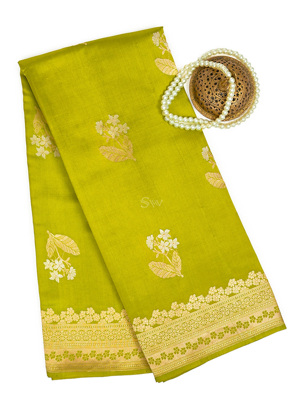 Lime Green Floral Boota Pure Silk Handloom Banarasi Saree - Sacred Weaves