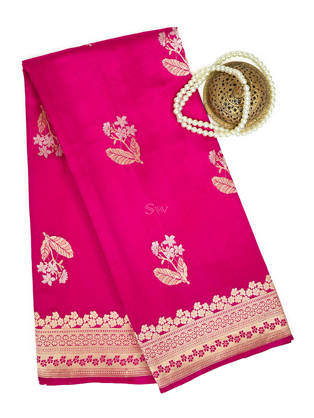 Dark Pink Floral Boota Pure Silk Handloom Banarasi Saree - Sacred Weaves