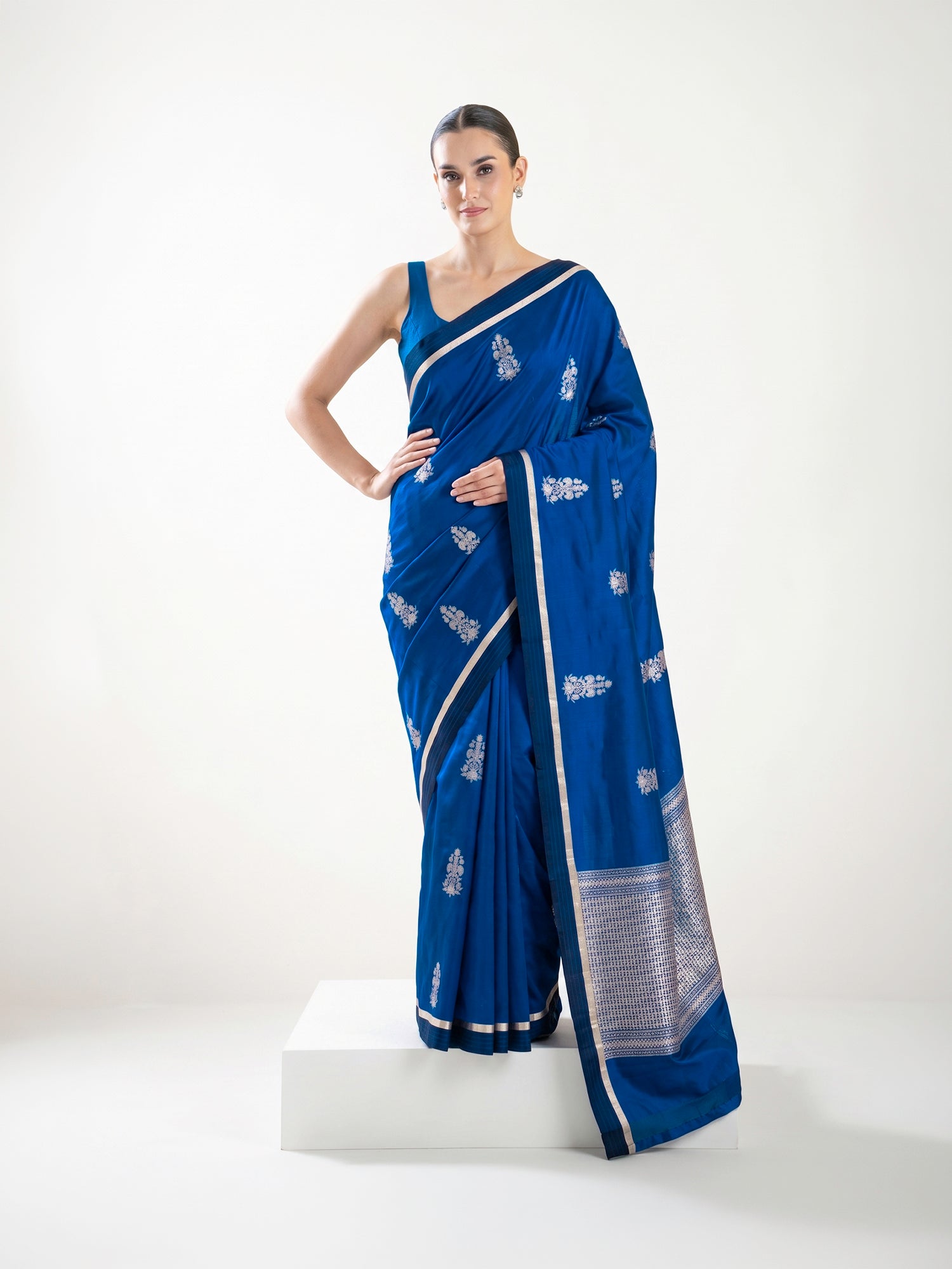 Midnight Blue Floral Boota Pure Silk Handloom Banarasi Saree - Sacred Weaves