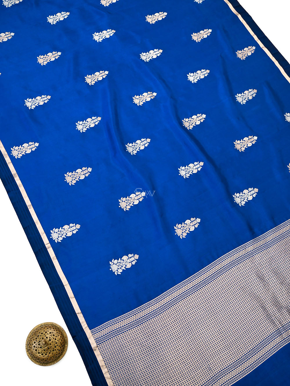 Midnight Blue Floral Boota Pure Silk Handloom Banarasi Saree - Sacred Weaves