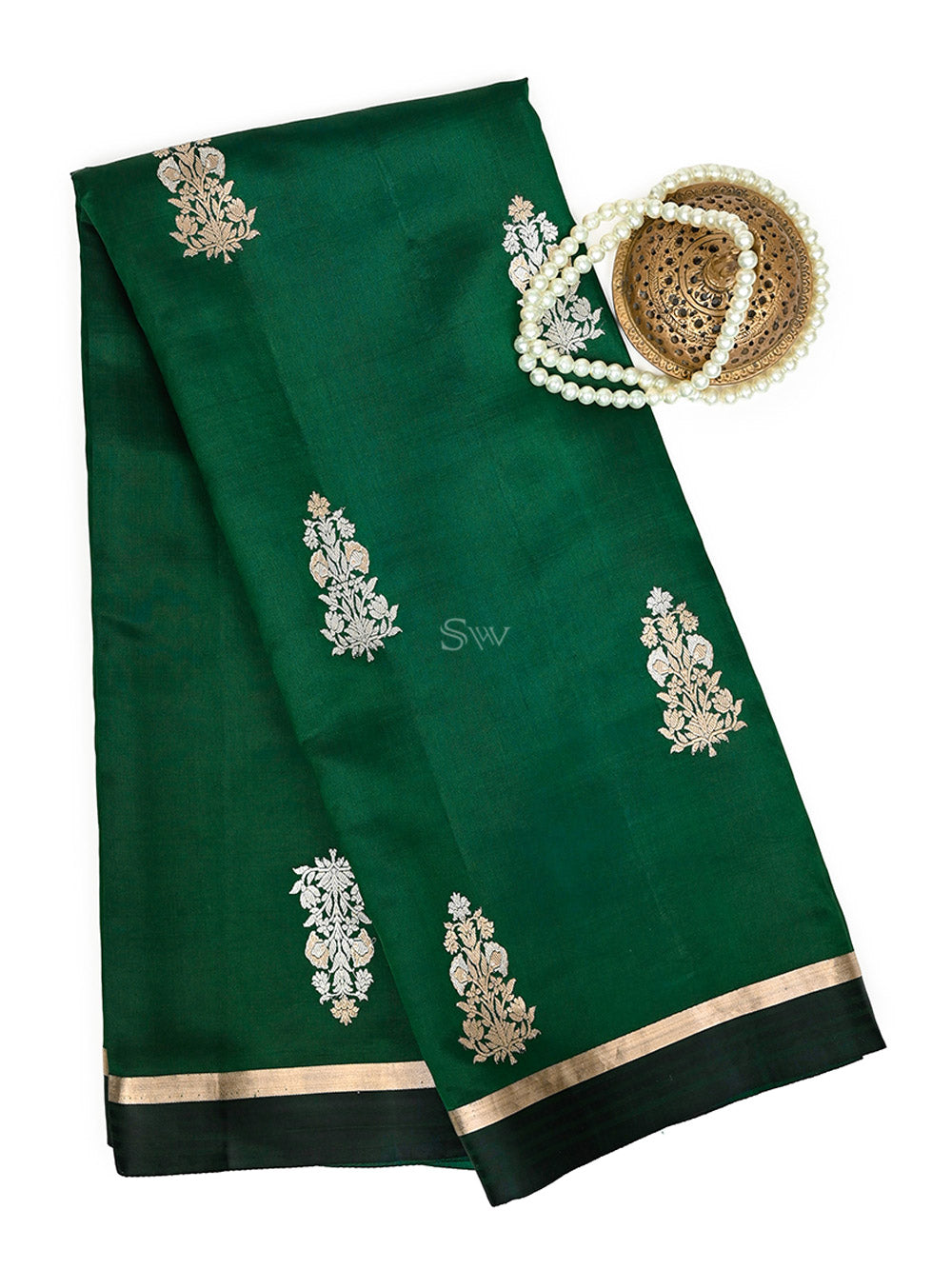 Bottle Green Boota Pure Silk Handloom Banarasi Saree - Sacred Weaves