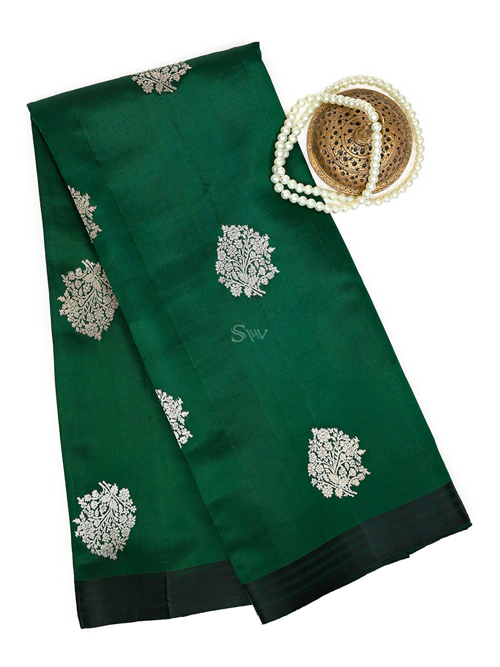 Bottle Green Floral Boota Pure Silk Handloom Banarasi Saree - Sacred Weaves