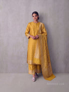 Yellow Meenakari Booti Katan Silk Handloom Banarasi Suit - Sacred Weaves