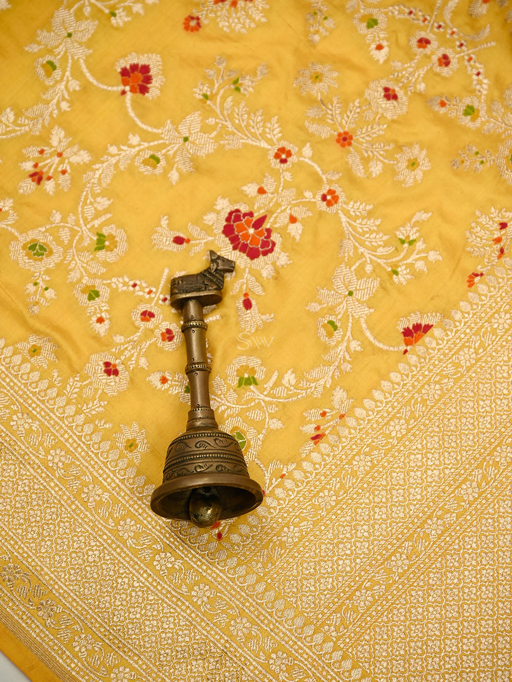 Yellow Meenakari Booti Katan Silk Handloom Banarasi Suit - Sacred Weaves