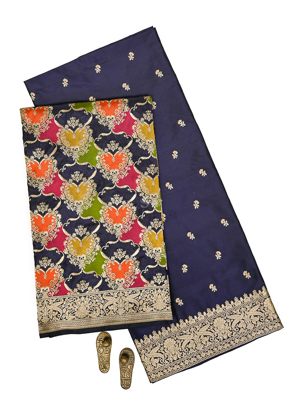 Navy Blue Meenakari Booti Katan Silk Handloom Banarasi Suit - Sacred Weaves