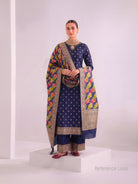Navy Blue Meenakari Booti Katan Silk Handloom Banarasi Suit - Sacred Weaves