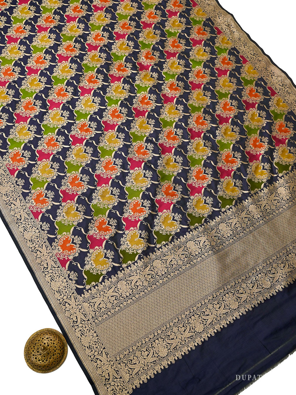 Navy Blue Meenakari Booti Katan Silk Handloom Banarasi Suit - Sacred Weaves