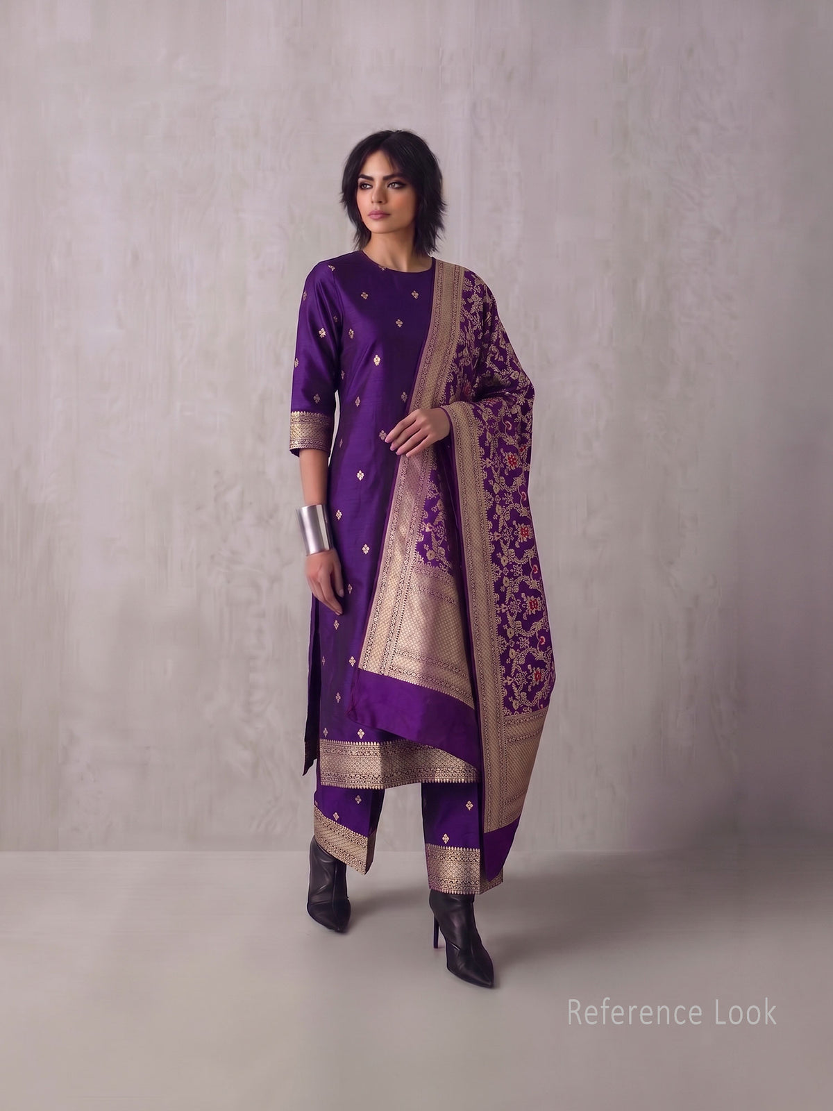 Purple Meenakari Booti Katan Silk Handloom Banarasi Suit - Sacred Weaves