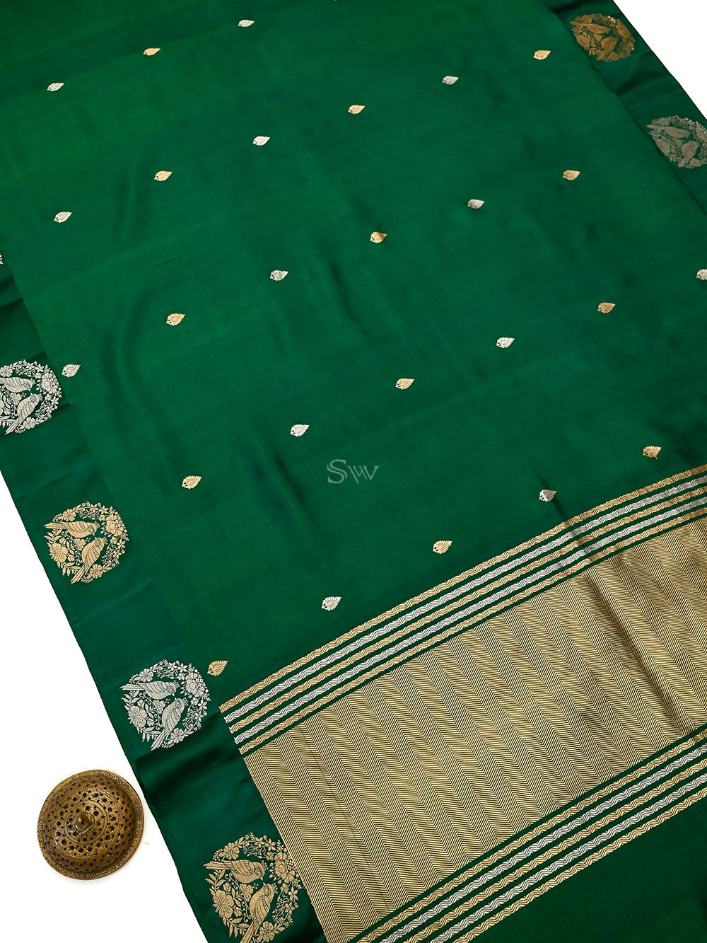 Bottle Green Booti Pure Silk Handloom Banarasi Saree - Sacred Weaves