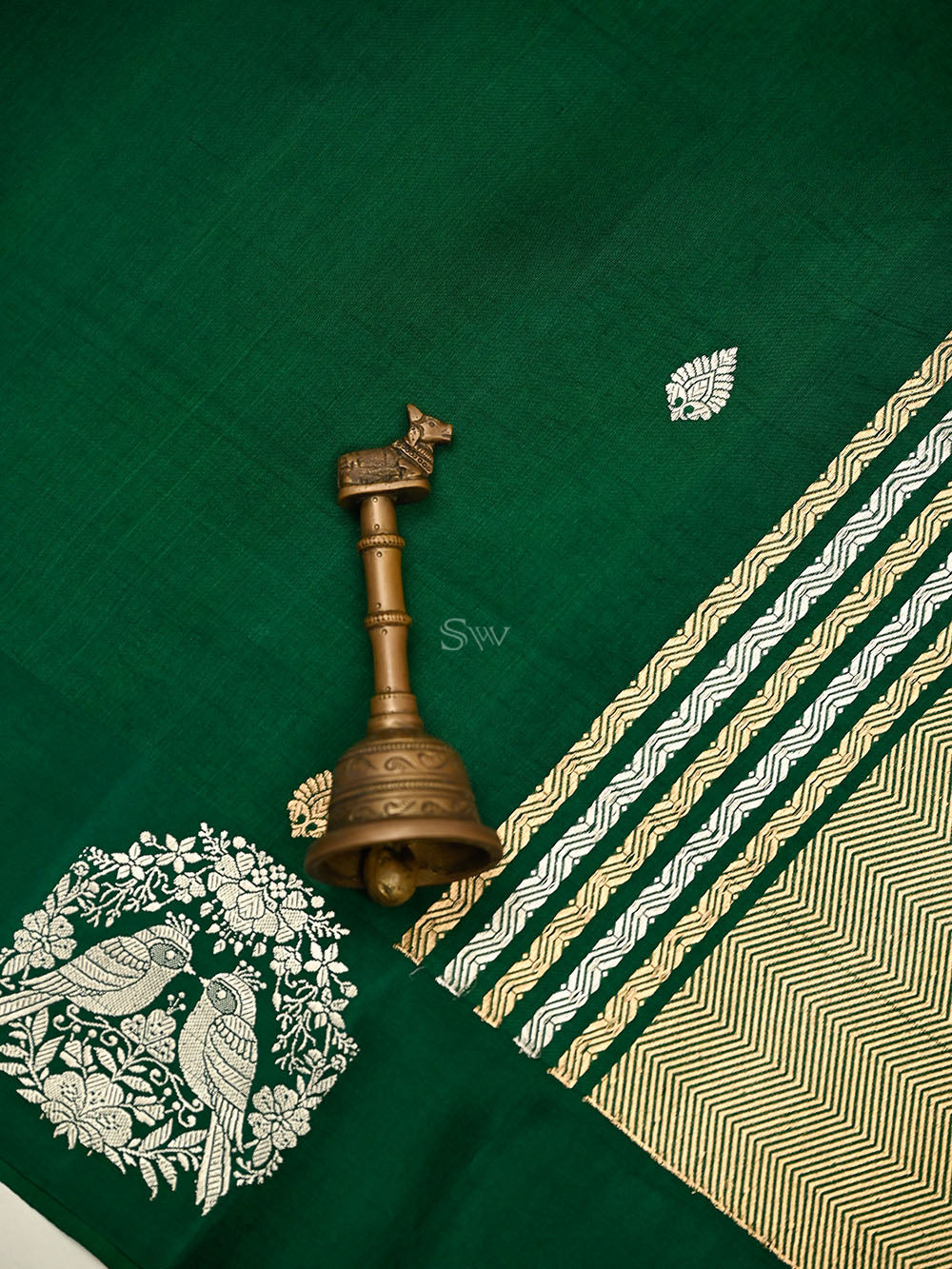 Bottle Green Booti Pure Silk Handloom Banarasi Saree - Sacred Weaves