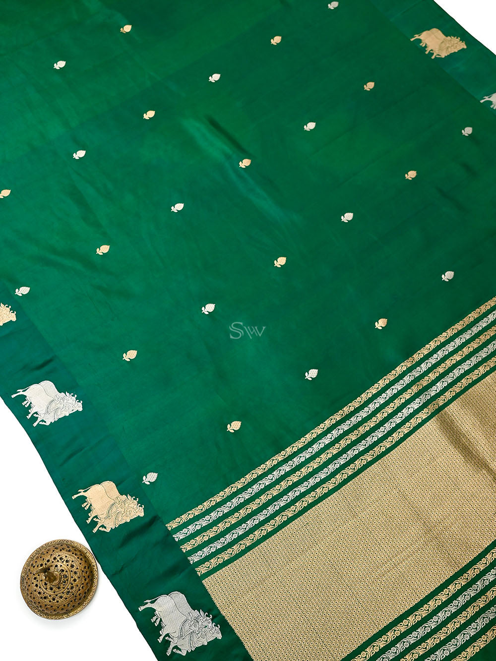 Bottle Green Booti Katan Silk Handloom Banarasi Saree - Sacred Weaves