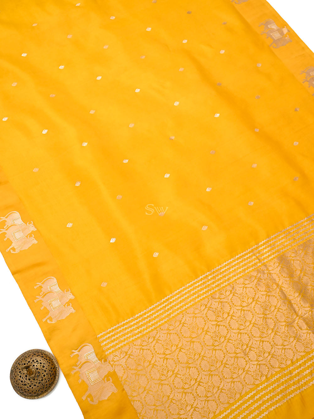 Yellow Booti Katan Silk Handloom Banarasi Saree - Sacred Weaves