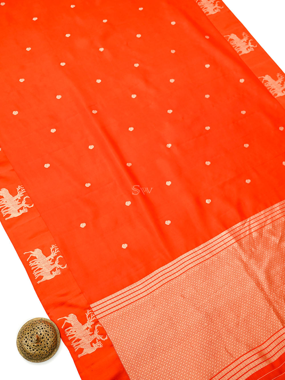 Dark Orange Booti Katan Silk Handloom Banarasi Saree - Sacred Weaves
