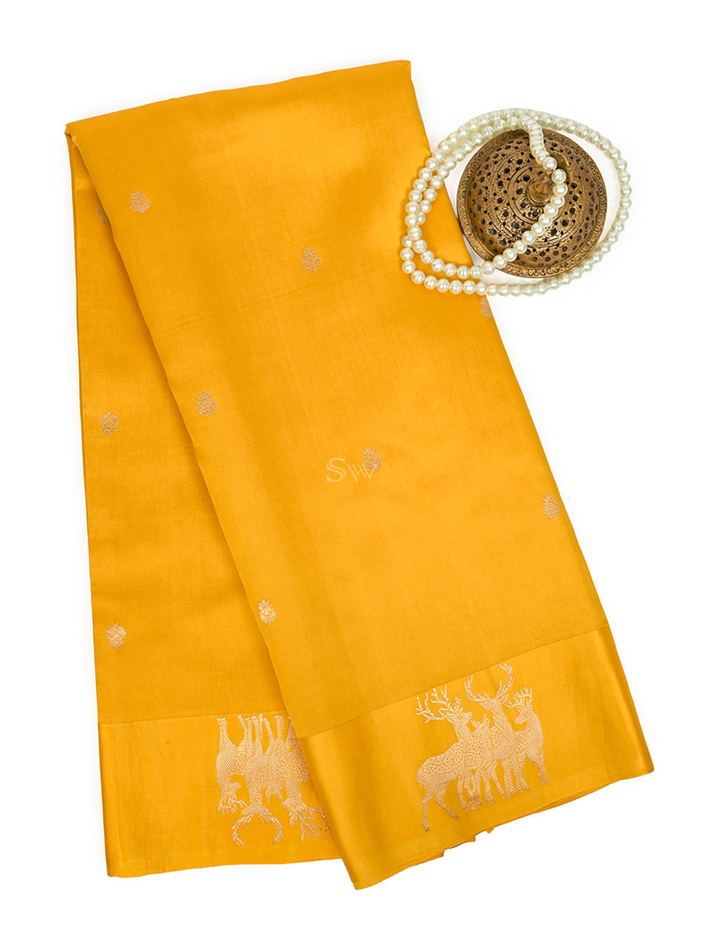 Yellow Booti Katan Silk Handloom Banarasi Saree - Sacred Weaves