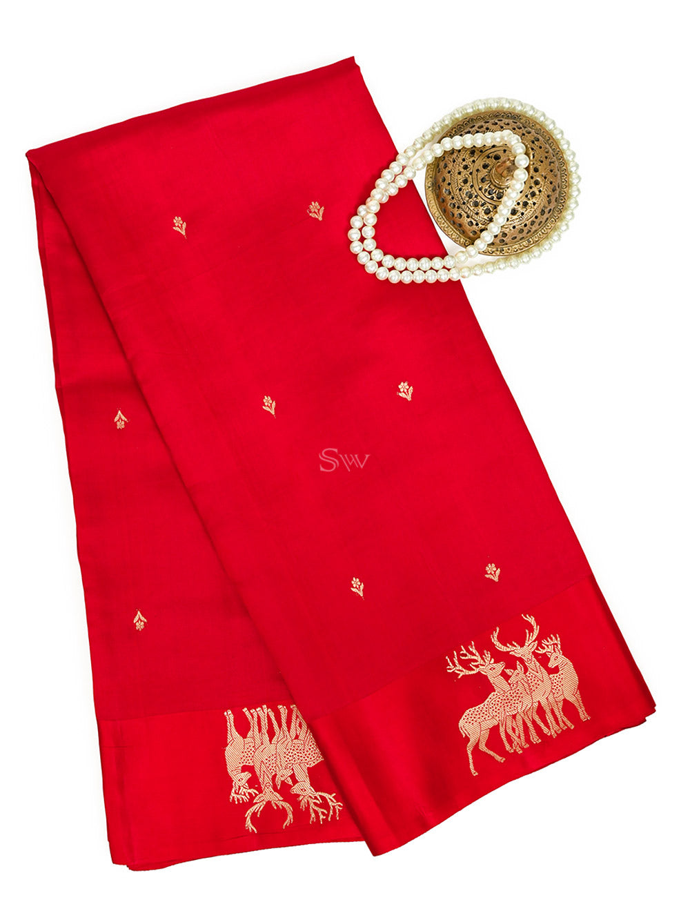 Red Booti Katan Silk Handloom Banarasi Saree - Sacred Weaves