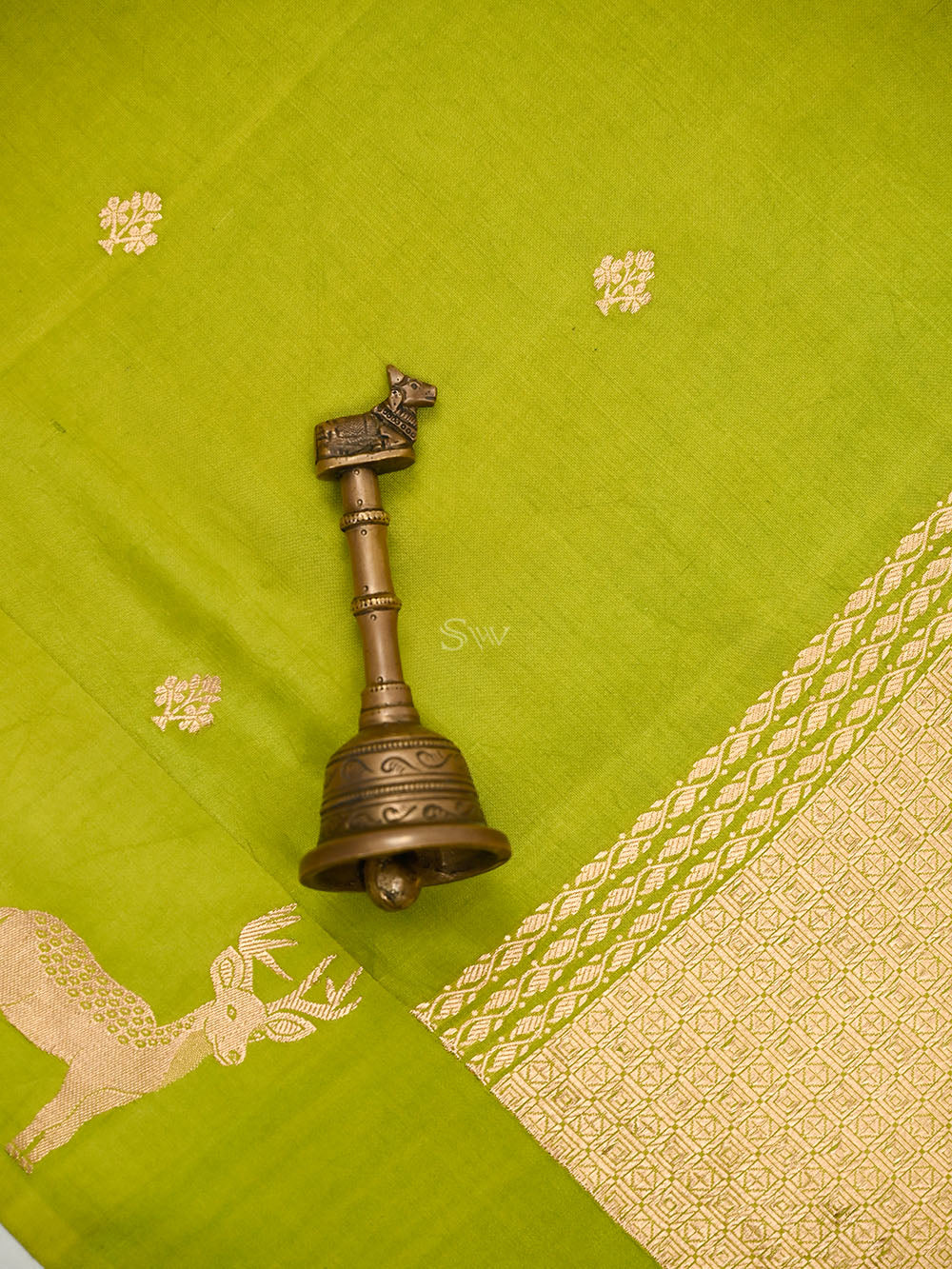 Parrot Green Booti Katan Silk Handloom Banarasi Saree - Sacred Weaves