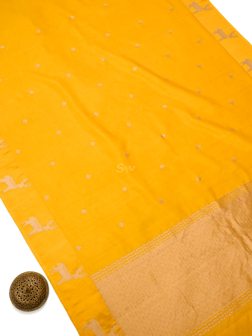 Yellow Booti Katan Silk Handloom Banarasi Saree - Sacred Weaves