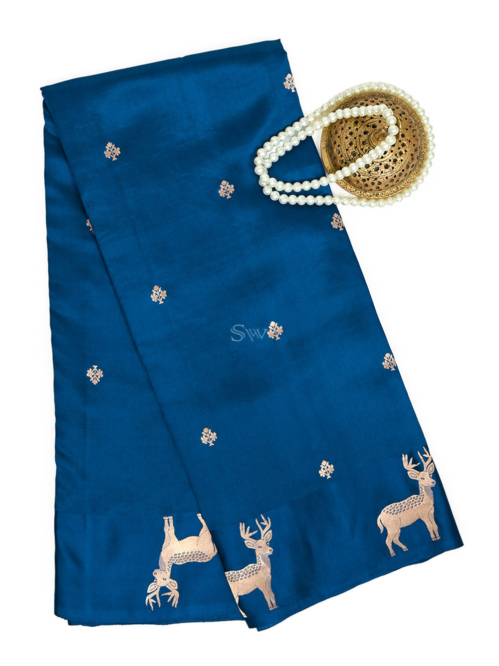 Blue Booti Katan Silk Handloom Banarasi Saree - Sacred Weaves