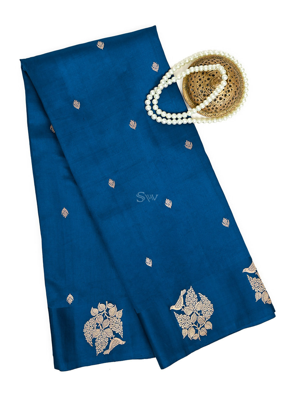 Blue Booti Katan Silk Handloom Banarasi Saree - Sacred Weaves