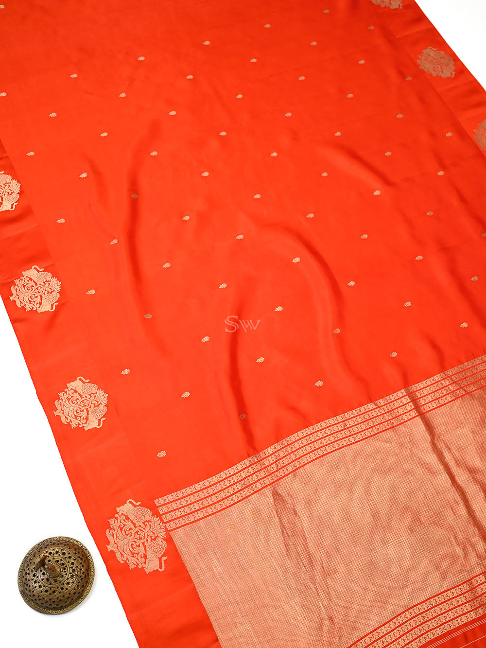 Orange Gold Booti Pure Handloom Banarasi Soft Silk Saree - Sacred Weaes
