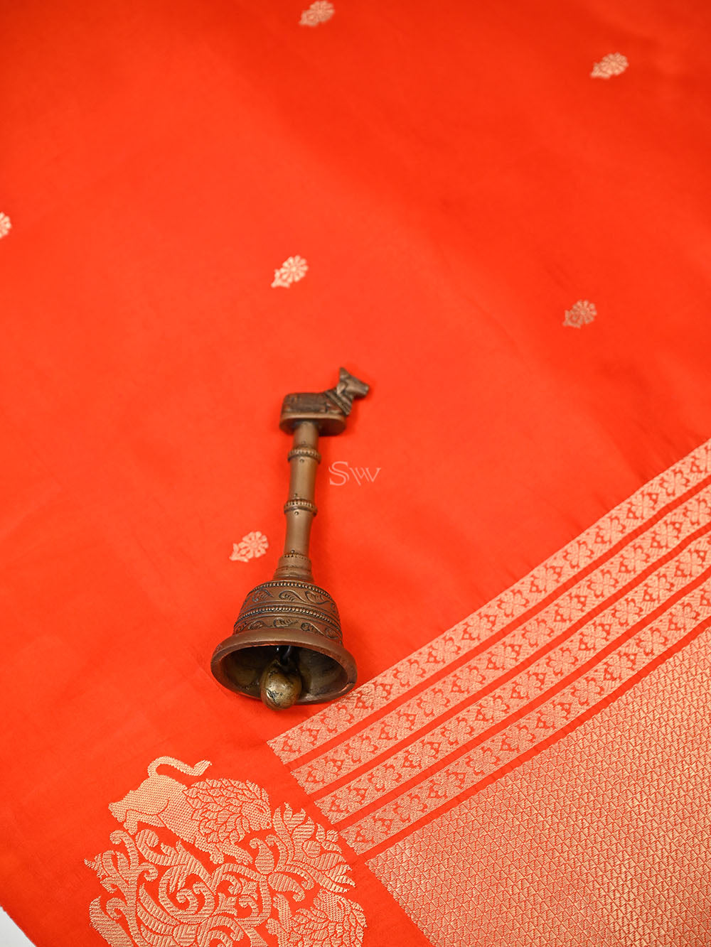Orange Gold Booti Pure Handloom Banarasi Soft Silk Saree - Sacred Weaes