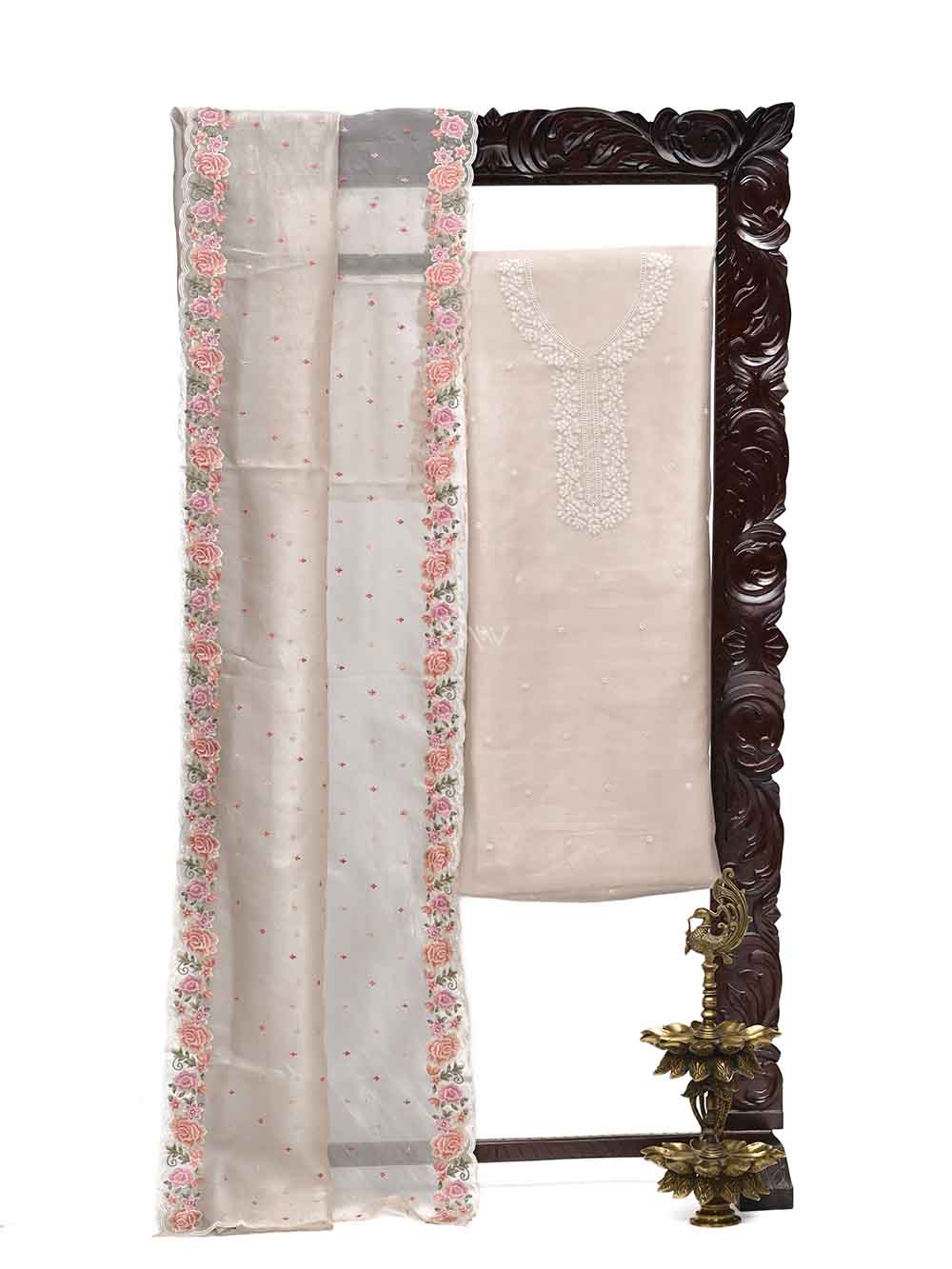 Beige Organza Handloom Banarasi Suit - Sacred Weaves
