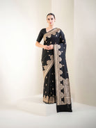 Black Booti Satin Silk Handloom Banarasi Saree - Sacred Weaves