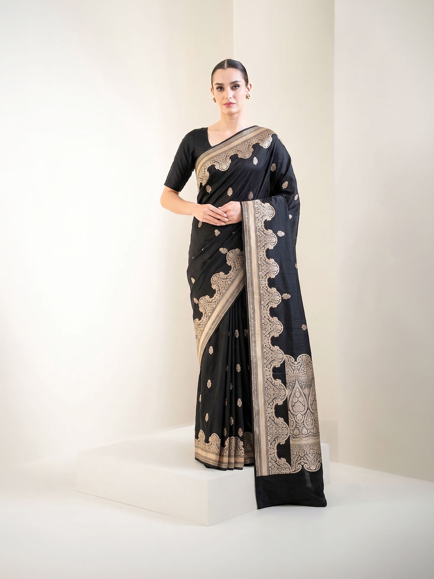 Black Booti Satin Silk Handloom Banarasi Saree - Sacred Weaves