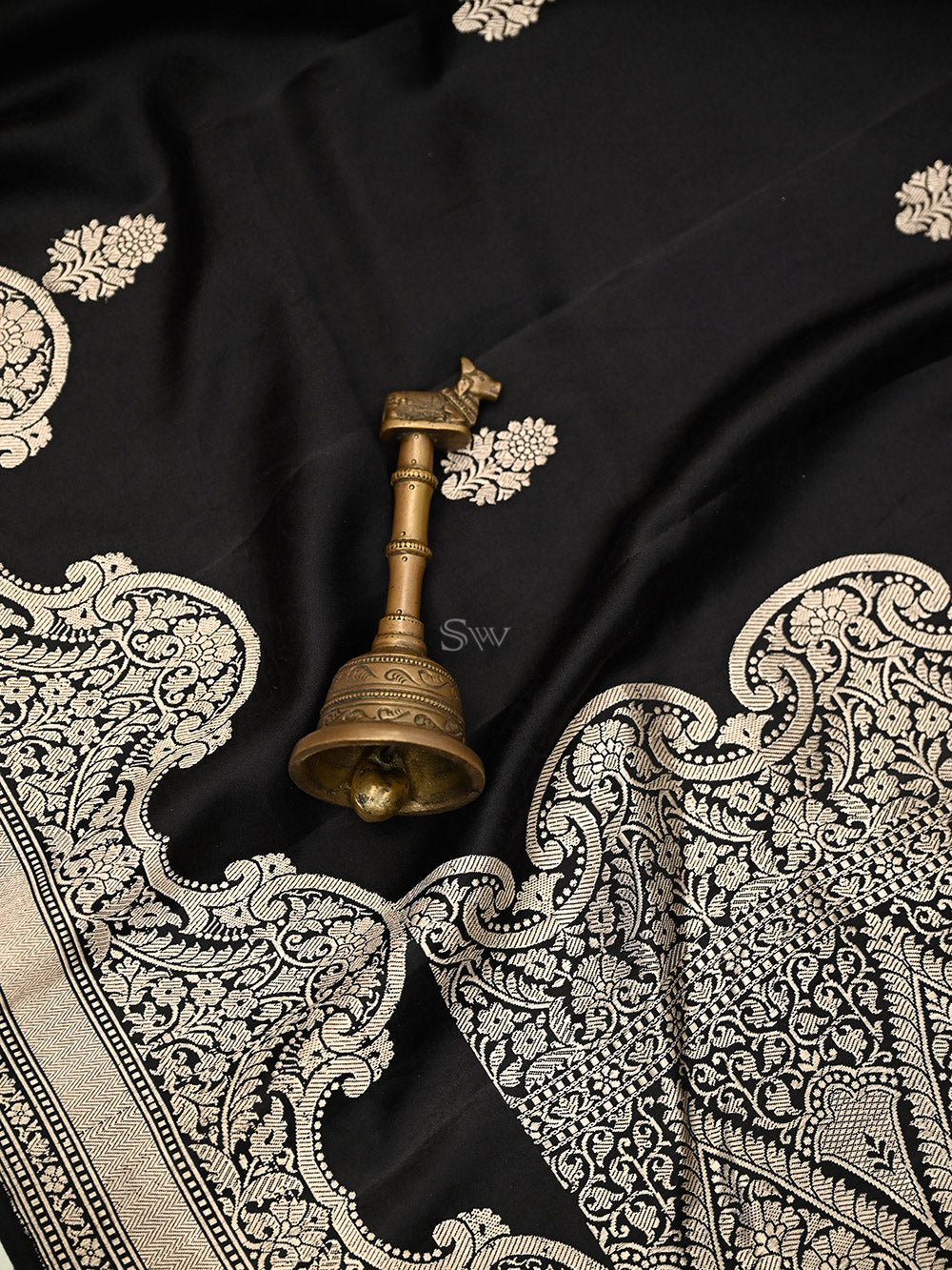 Black Booti Satin Silk Handloom Banarasi Saree - Sacred Weaves