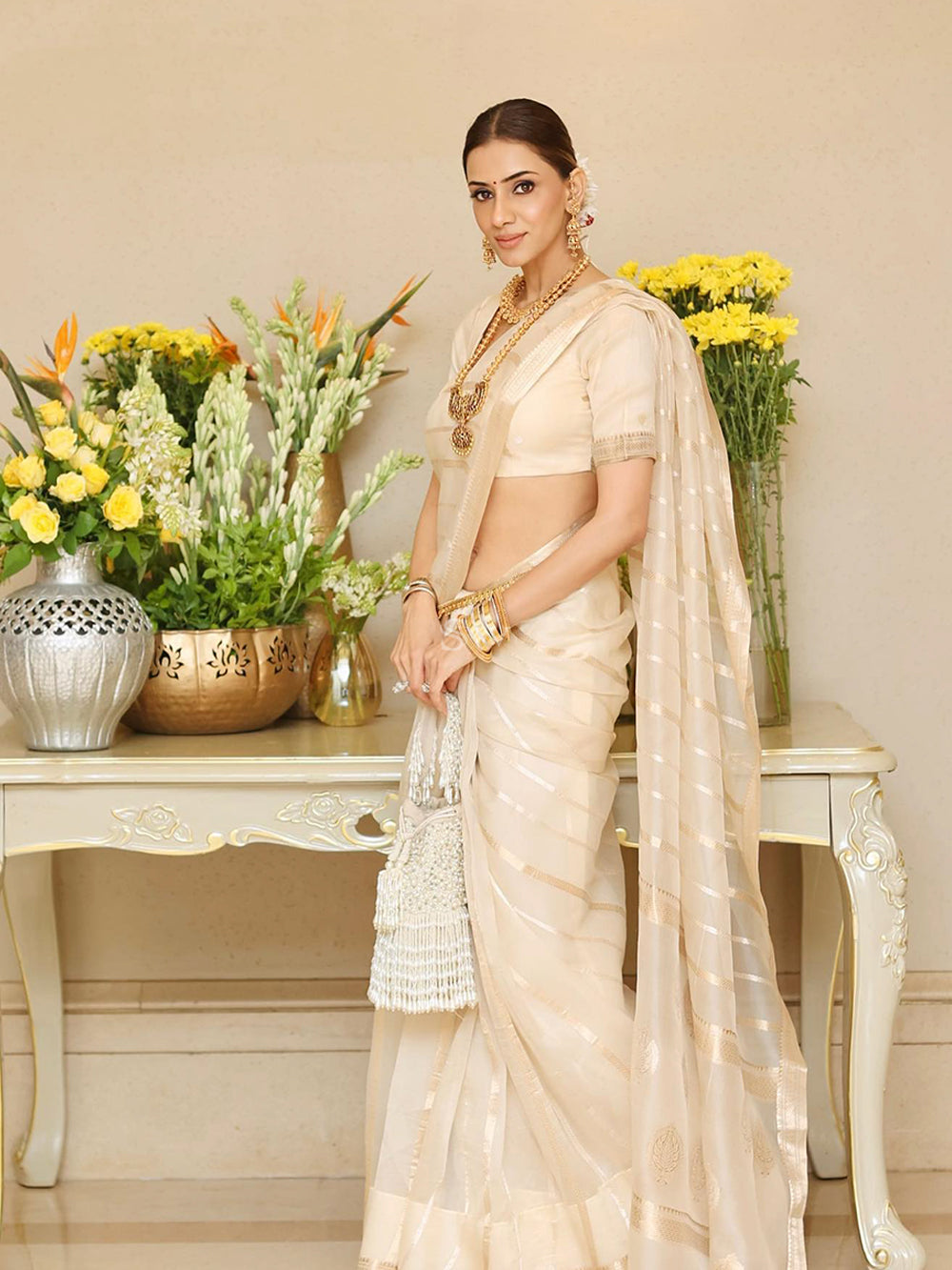 Off White Stripe Organza Handloom Banarasi Saree - Sacred Weaves