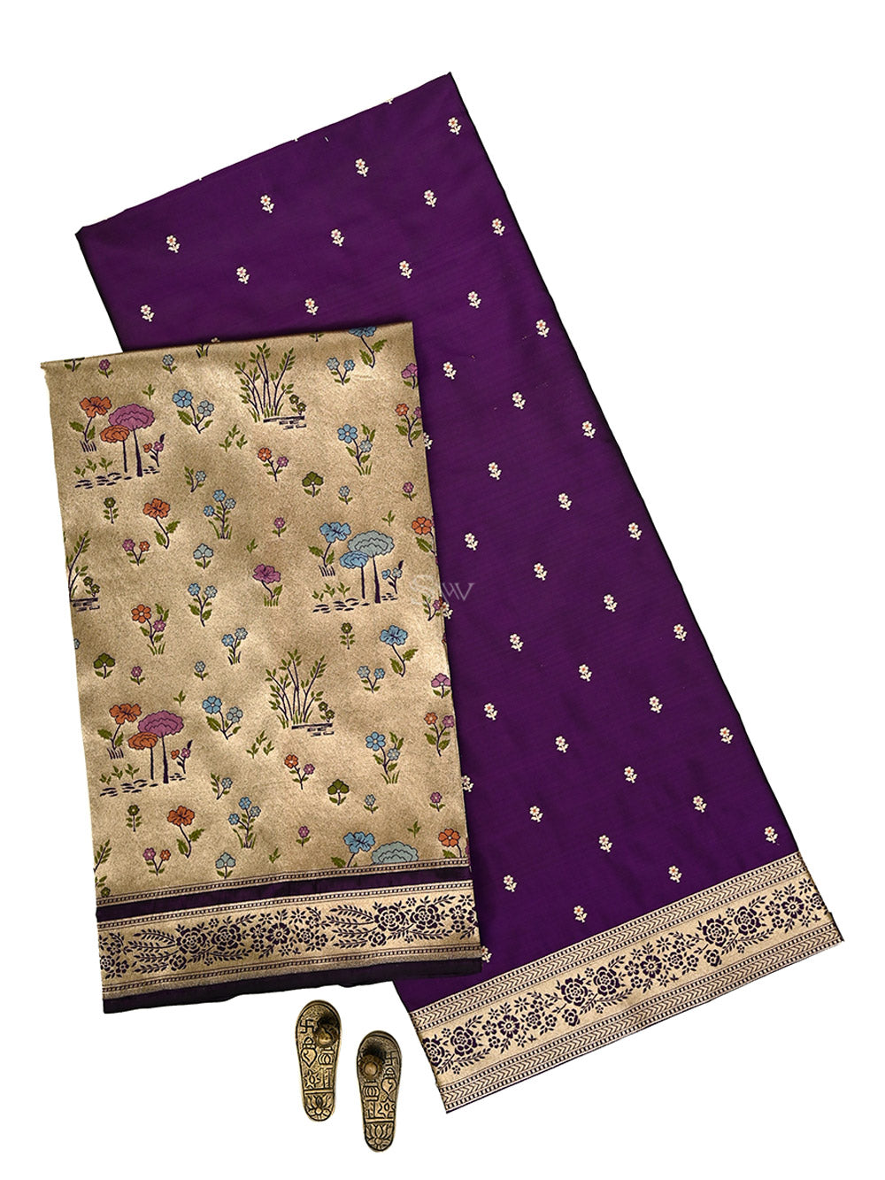 Purple Booti Meenakari Katan Silk Handloom Banarasi Suit - Sacred Weaves