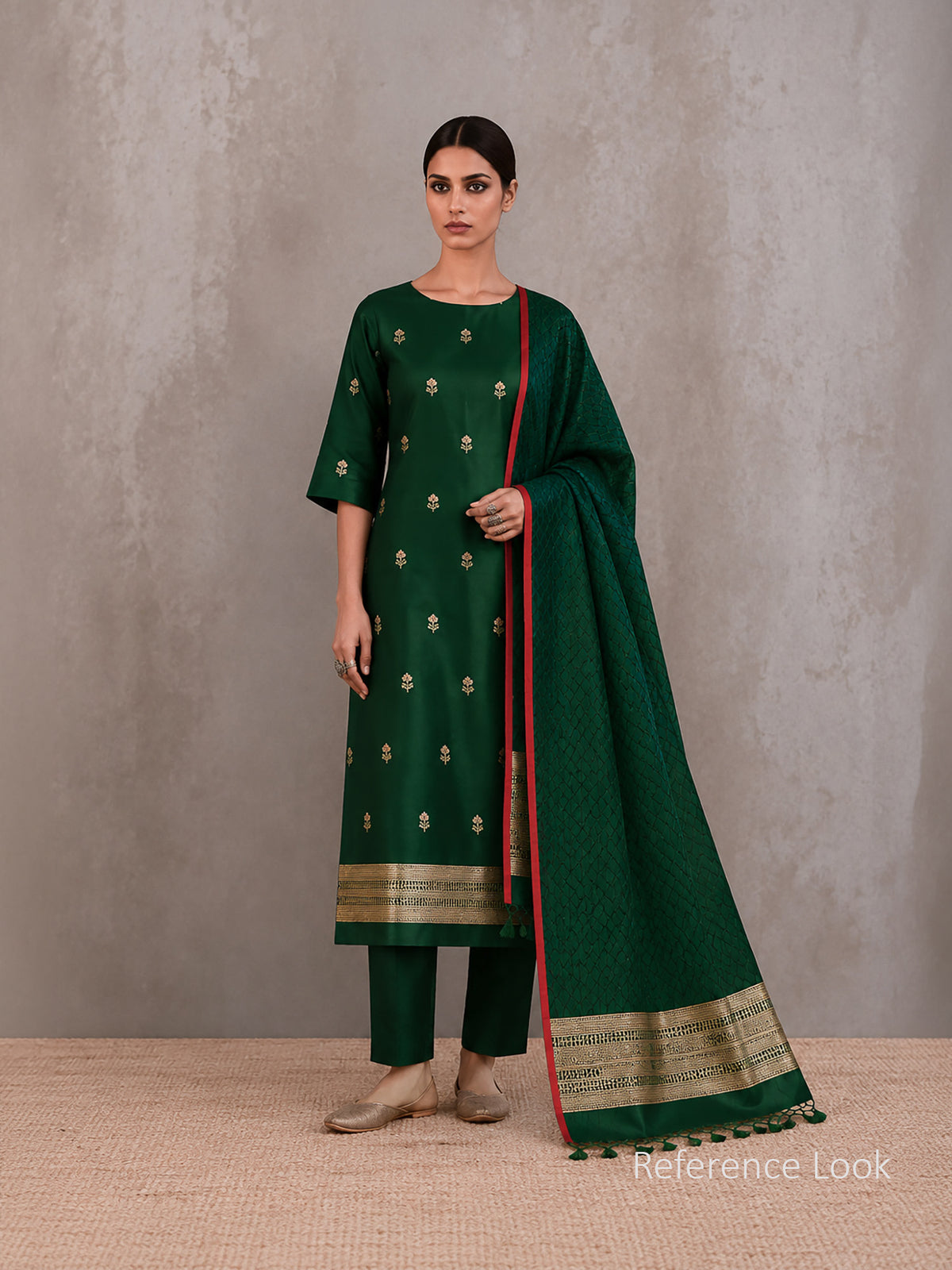 Bottle Green Floral Booti Satin Silk Handloom Banarasi Suit - Sacred Weaves