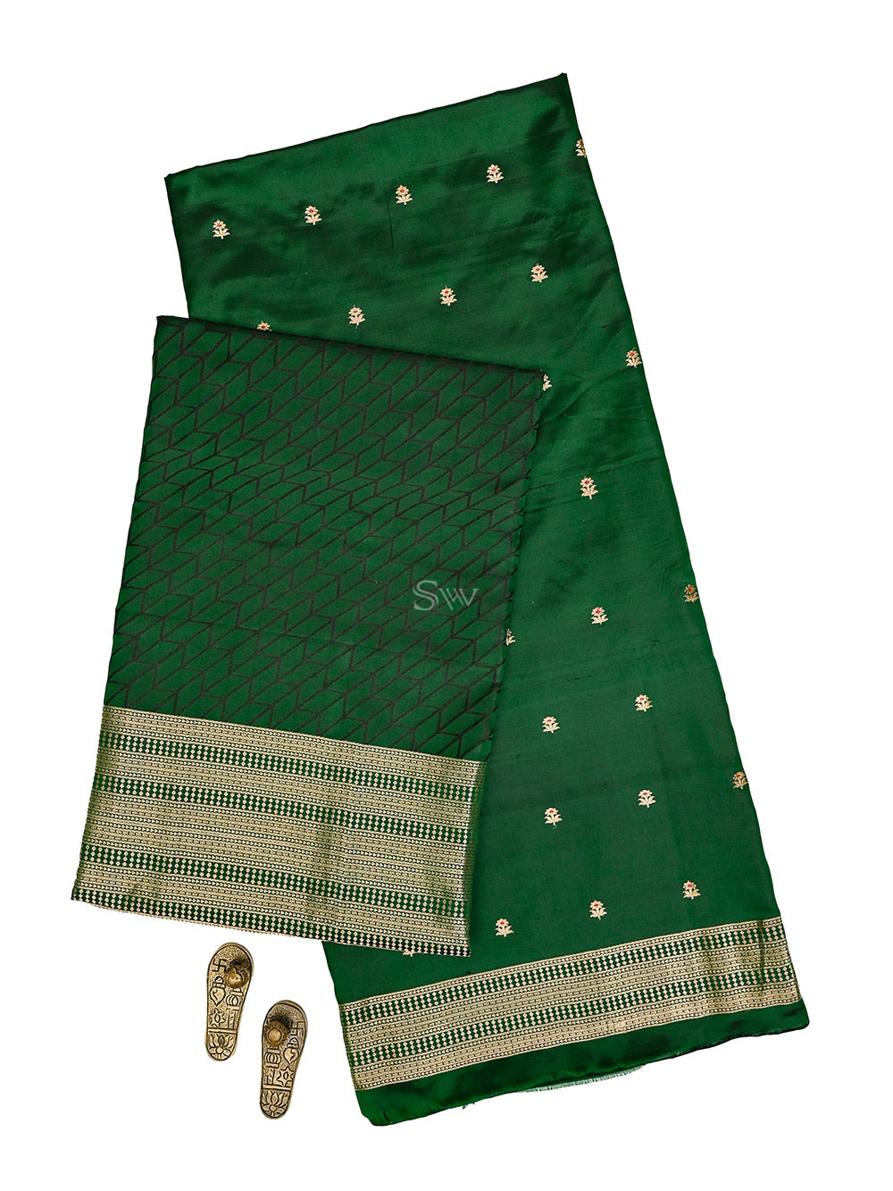 Bottle Green Floral Booti Satin Silk Handloom Banarasi Suit - Sacred Weaves